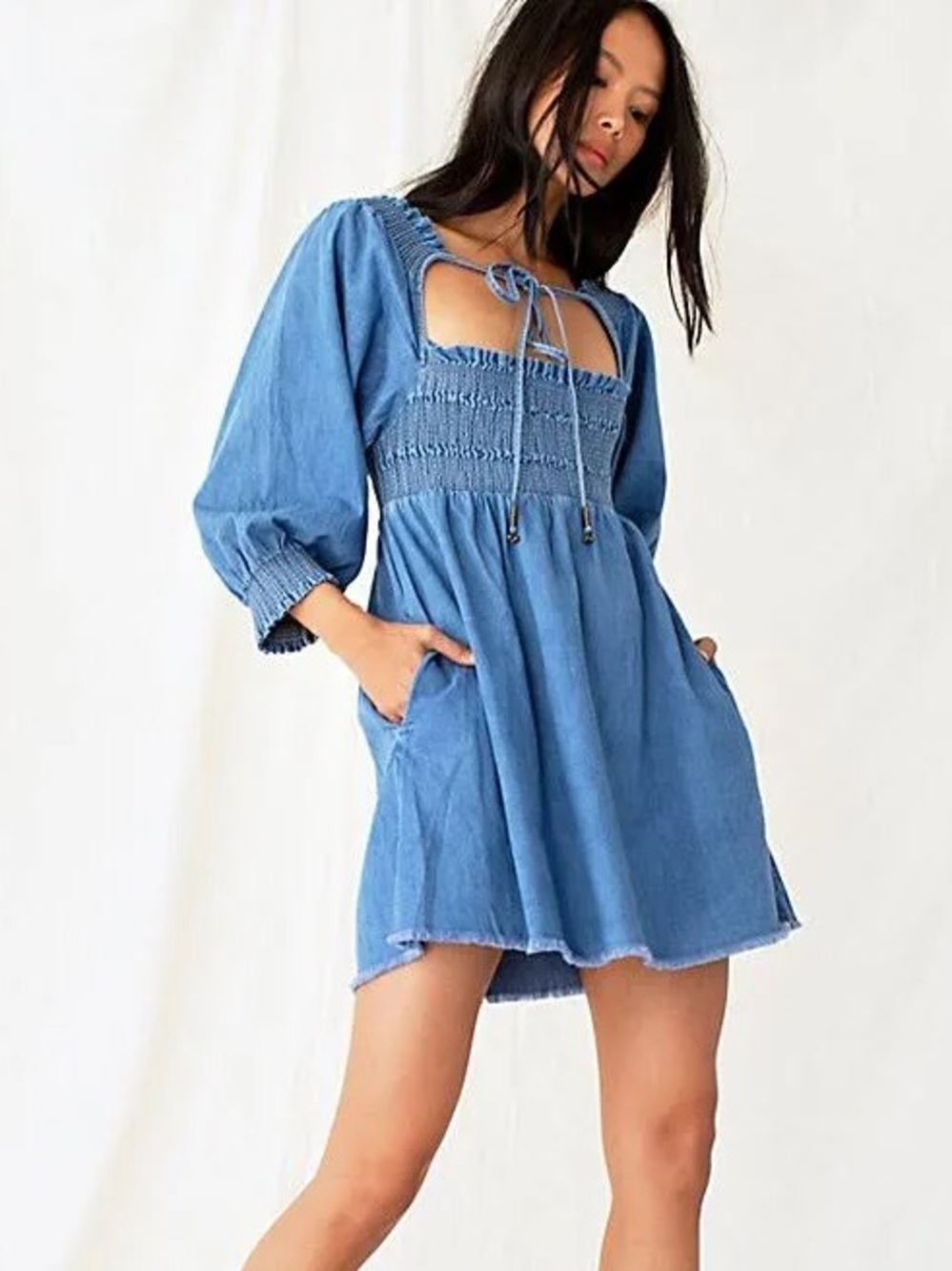 Free People This Is Everything Smocked Denim Mini Dress Foggy Blue - Size Large